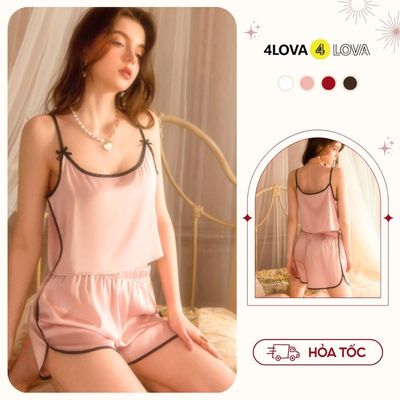 Bộ Đồ Ngủ Lụa 2 Dây Mặc Nhà 4LOVA Áo Croptop Quần Đùi Kiểu Phối Viền Nơ Ngực Chất Lụa Satin Cao Cấp - Bộ Lụa 2 Dây Pansy