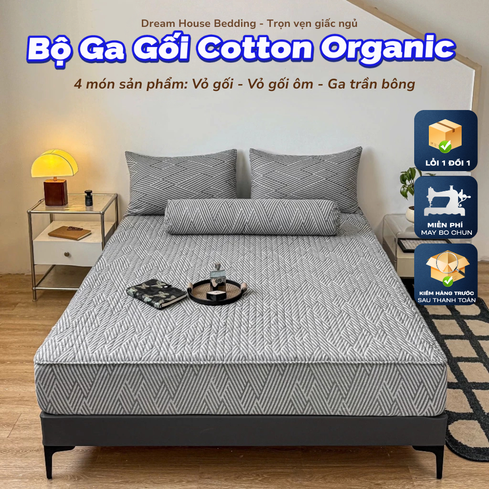 Bộ Ga Gối Cotton Organic 100% – Trần Bông Căng Phẳng, Thoáng Mát – Phong Cách Nhật DH Bedding Store