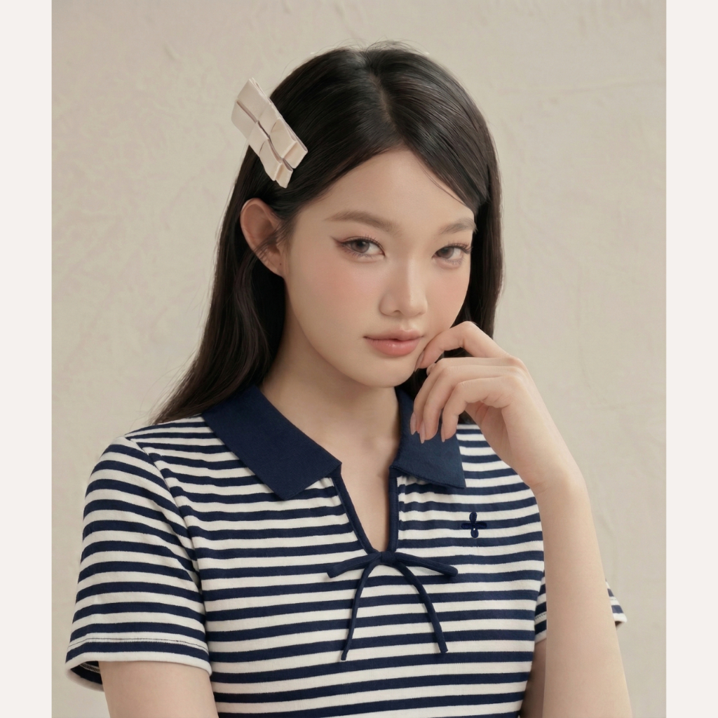 Áo thun nữ len tăm kẻ sọc cổ V phối nơ, áo kiểu nữ tiểu thư thêu hoa Linly store A-AT17 | BigBuy360 - bigbuy360.vn