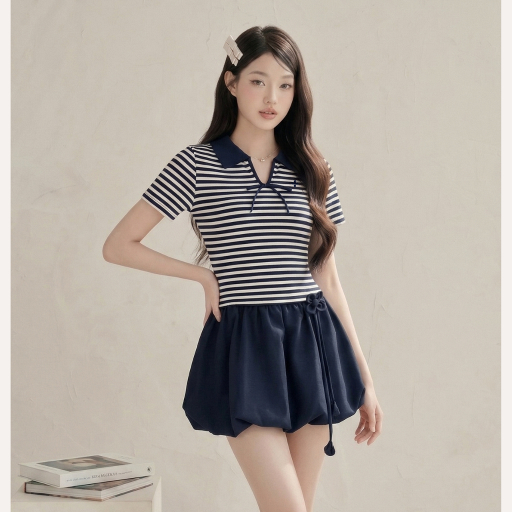 Áo thun nữ len tăm kẻ sọc cổ V phối nơ, áo kiểu nữ tiểu thư thêu hoa Linly store A-AT17 | BigBuy360 - bigbuy360.vn