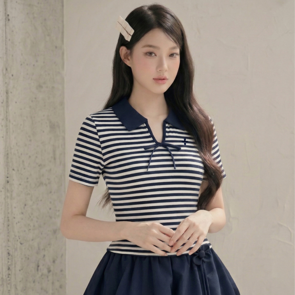 Áo thun nữ len tăm kẻ sọc cổ V phối nơ, áo kiểu nữ tiểu thư thêu hoa Linly store A-AT17 | BigBuy360 - bigbuy360.vn