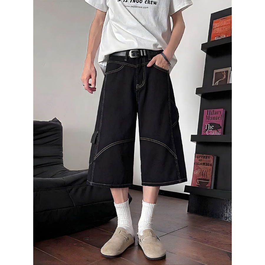 Quần jean nam dáng lửng, quần short lửng ngố chất jean màu đỏ đen ống rộng form baggy hottrend mùa hè | BigBuy360 - bigbuy360.vn