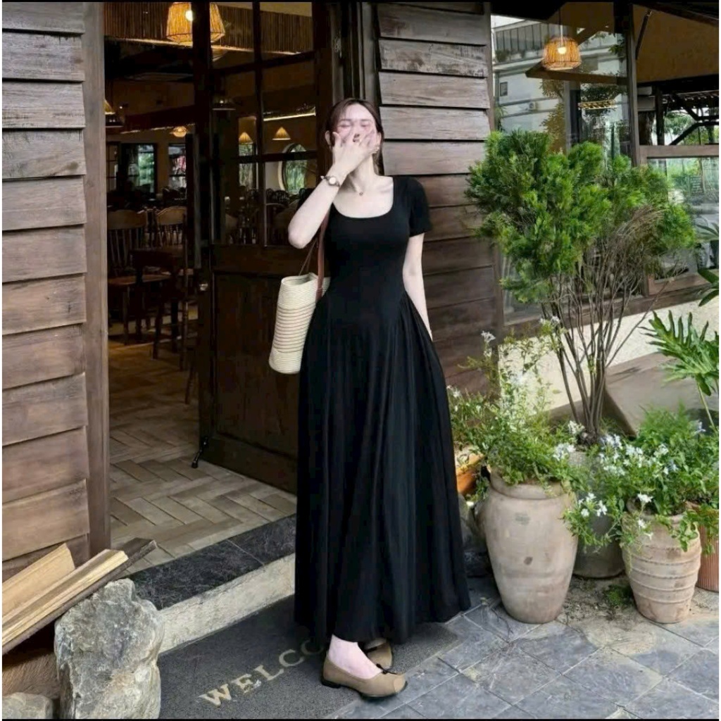 (Hàng Mới): Váy Tay Cộc Cổ Vuông Triết Ly Eo Dáng Maxi Xoè Dài Chất Zip Tàu Co Dãn 4 Chiều 2 Màu - Ảnh Thật Lollaye | BigBuy360 - bigbuy360.vn