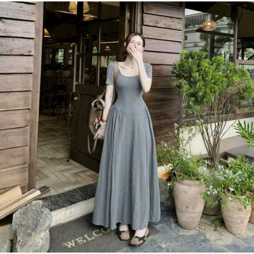 (Hàng Mới): Váy Tay Cộc Cổ Vuông Triết Ly Eo Dáng Maxi Xoè Dài Chất Zip Tàu Co Dãn 4 Chiều 2 Màu - Ảnh Thật Lollaye | BigBuy360 - bigbuy360.vn