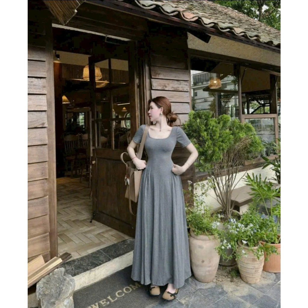 (Hàng Mới): Váy Tay Cộc Cổ Vuông Triết Ly Eo Dáng Maxi Xoè Dài Chất Zip Tàu Co Dãn 4 Chiều 2 Màu - Ảnh Thật Lollaye | BigBuy360 - bigbuy360.vn