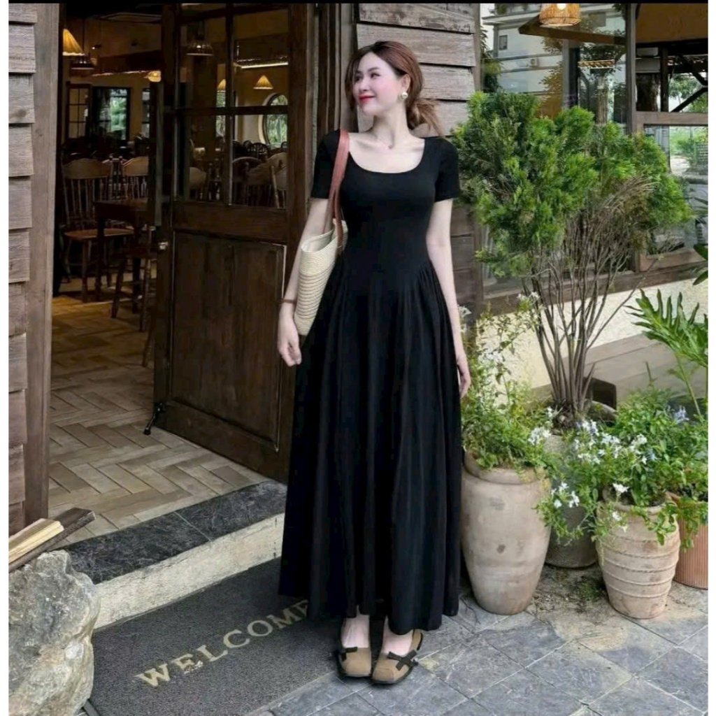 (Hàng Mới): Váy Tay Cộc Cổ Vuông Triết Ly Eo Dáng Maxi Xoè Dài Chất Zip Tàu Co Dãn 4 Chiều 2 Màu - Ảnh Thật Lollaye | BigBuy360 - bigbuy360.vn