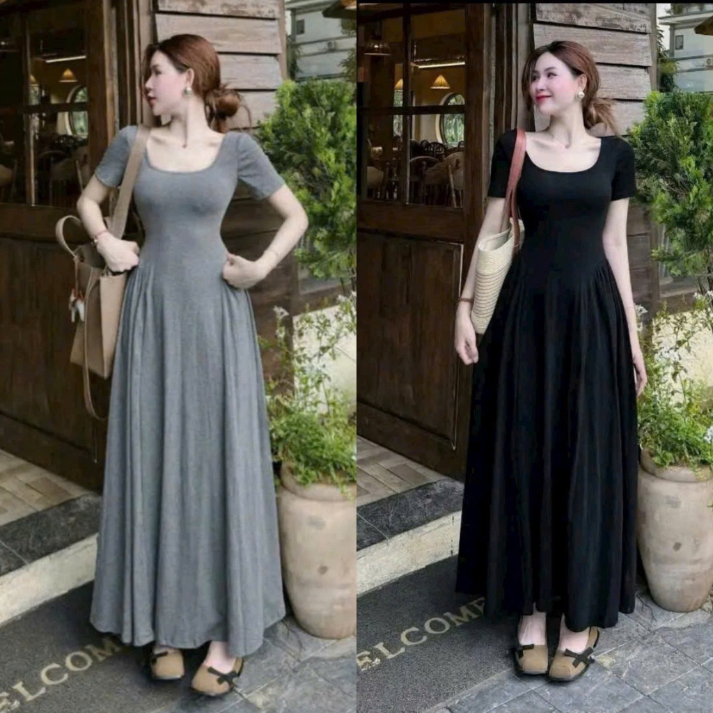 (Hàng Mới): Váy Tay Cộc Cổ Vuông Triết Ly Eo Dáng Maxi Xoè Dài Chất Zip Tàu Co Dãn 4 Chiều 2 Màu - Ảnh Thật Lollaye | BigBuy360 - bigbuy360.vn