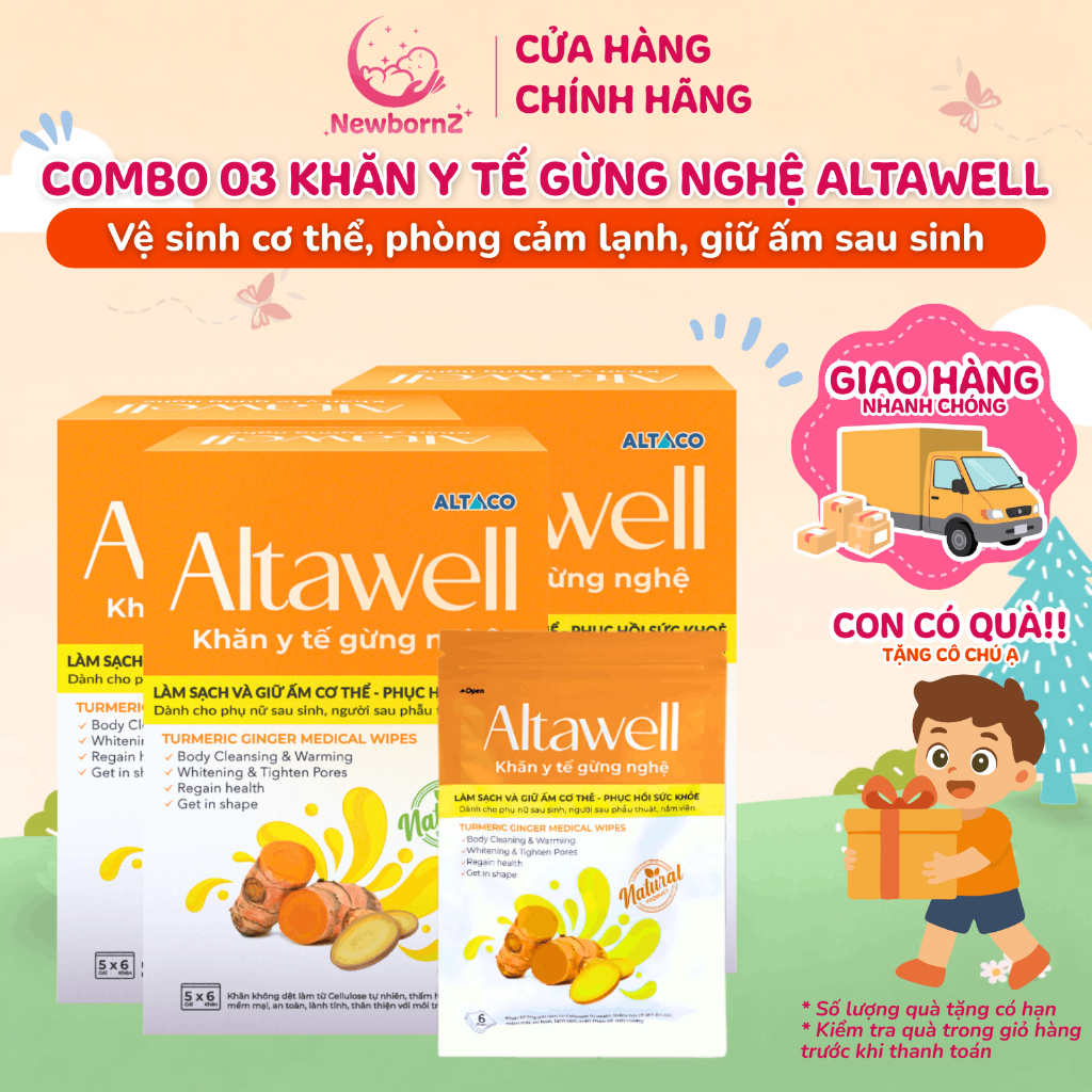 Combo 3 Hộp Khăn Y Tế Gừng Nghệ Altawell - Làm Sạch, Giữ Ấm Cơ Thể - Tặng 1 Hộp Gel tắm  Altawell