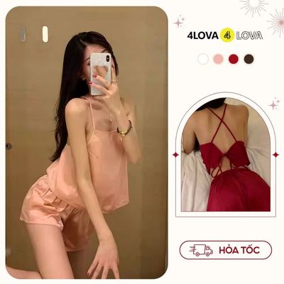 Bộ ngủ lụa 4LOVA áo 2 dây nơ lưng quần short mềm mại quyến rũ Keire  VHL9