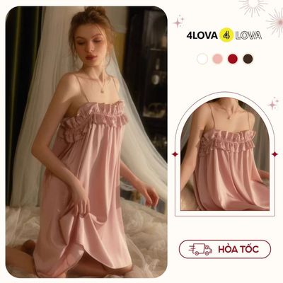 Váy Ngủ 2 Dây Lụa Pháp Cao Cấp Bèo Ngực Dáng Suông 4LOVA