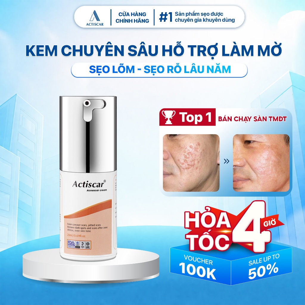 Kem Sẹo, Lấp Đầy Sẹo Rỗ, Sẹo Lõm, Hỗ Trợ Mờ Sẹo Thâm  Actiscar 20ml