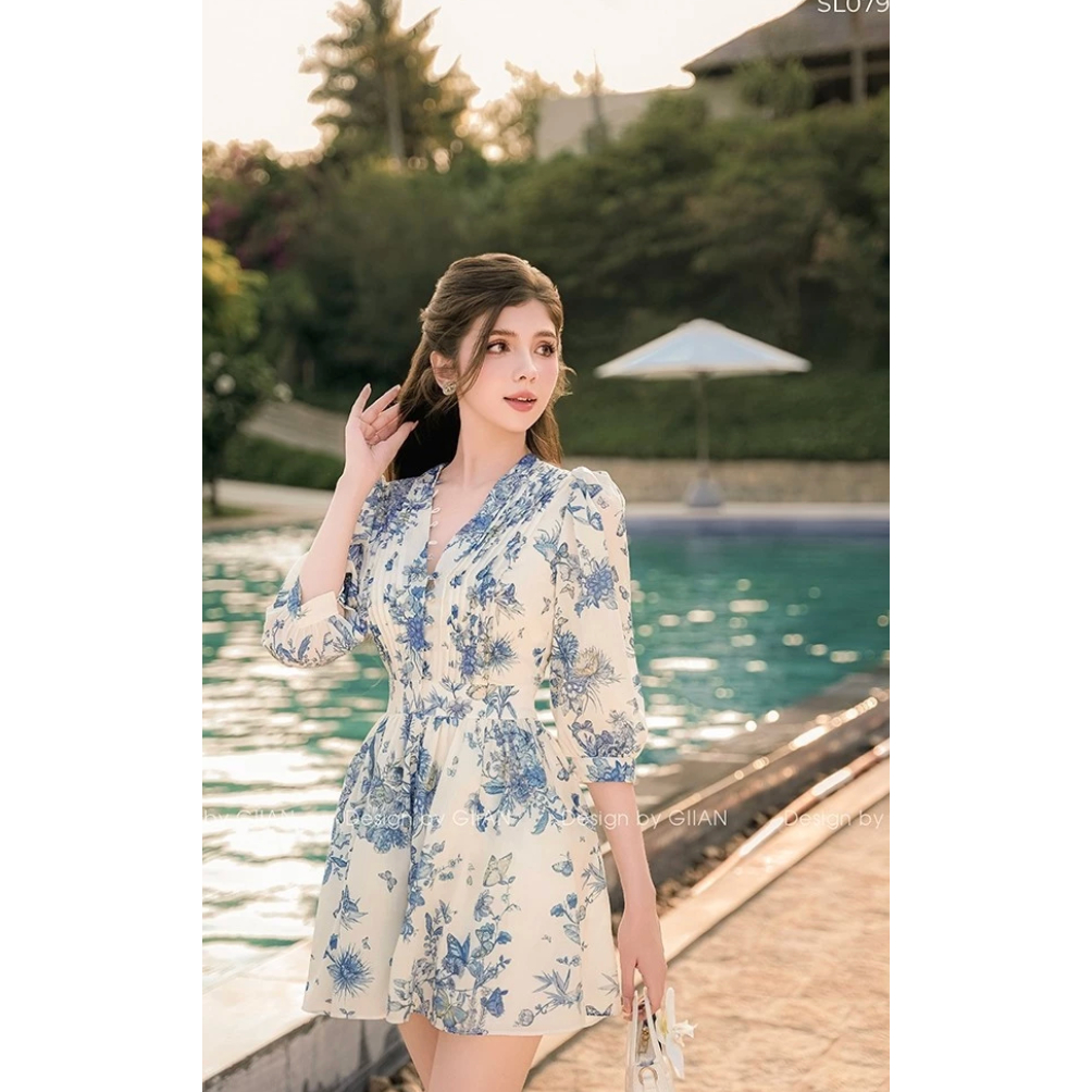 [THANH LÝ] Váy xòe size S dáng ngắn dạng jump quần đi biển Giian thiết kế cổ V cúc bọc phối tay lỡ