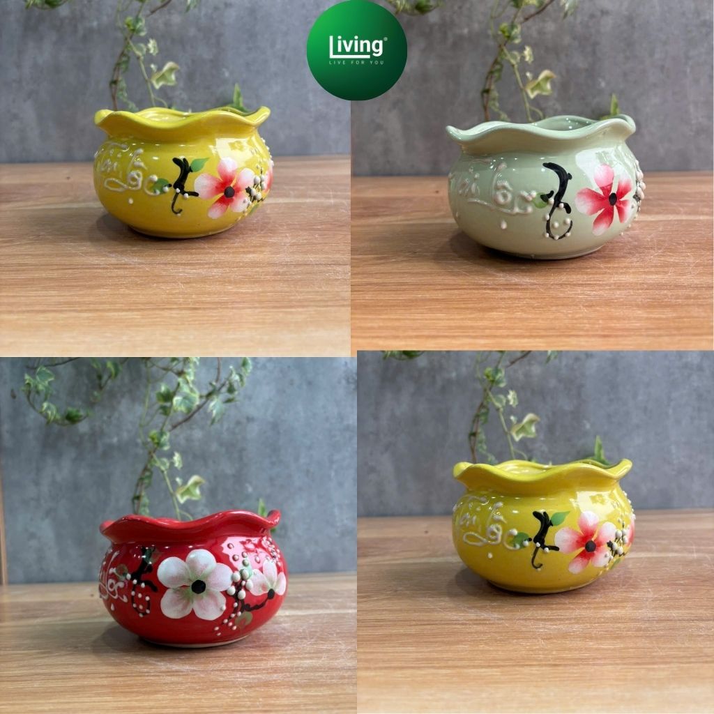 Chậu Gốm Hoa Tròn Sặc Sỡ Cao Cấp - Chậu Trồng Sen Đá, Xương Rồng Decor Bàn Làm Việc | Living Decor