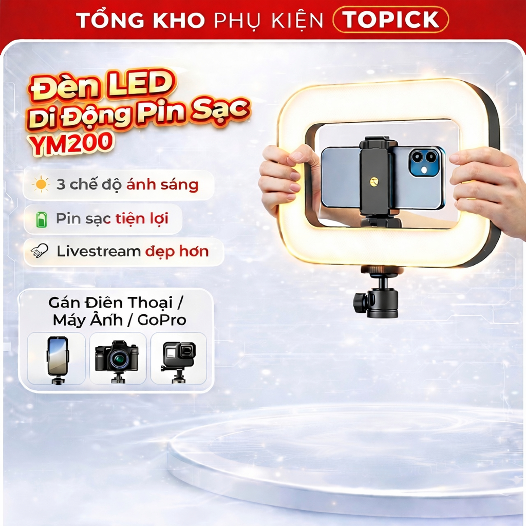 Đèn Trợ Sáng YM200 Pin Tích Điện Kèm Chân & Kẹp Điện Thoại Trợ Sáng Quay Video, Livestream, Chụp Ảnh