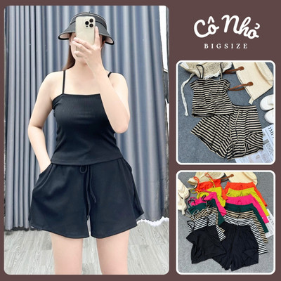 Set bigsize Quần Đùi Kèm Áo Dây Chất Liệu Thun Gân Co Giãn Thấm Hút Mồ Hôi SET19
