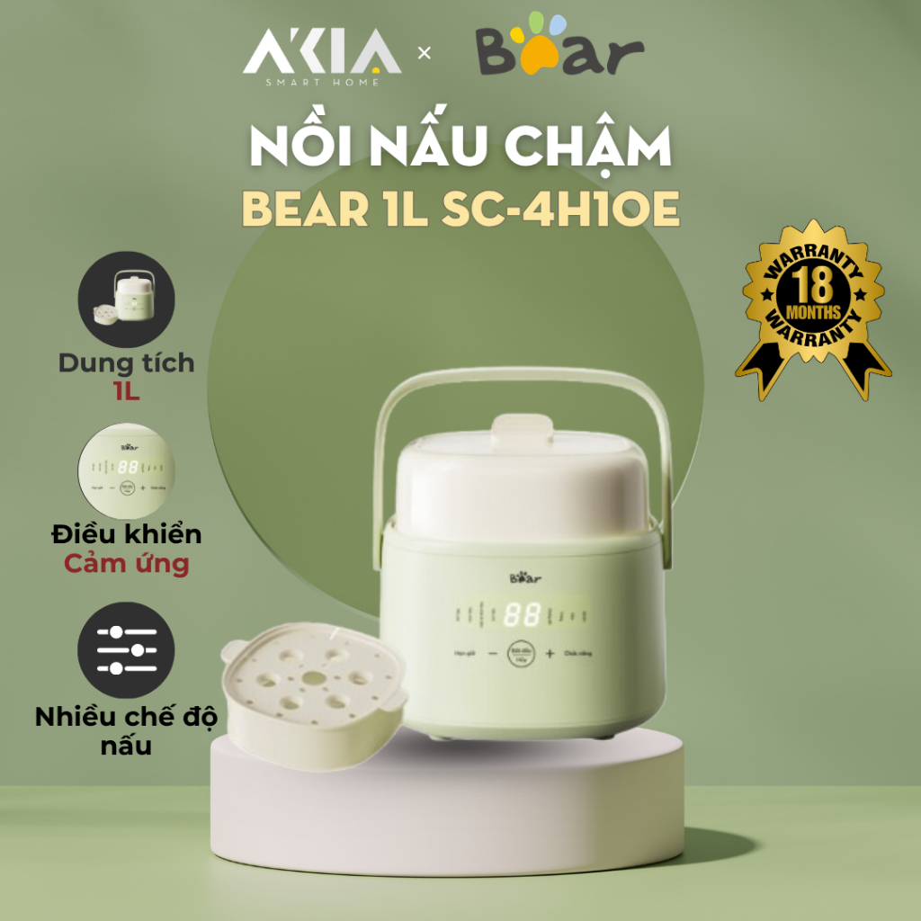 Nồi nấu chậm Bear 1L SC-4H10E giữ trọn hương vị, dưỡng chất thực phẩm - Bảo hành 18 tháng