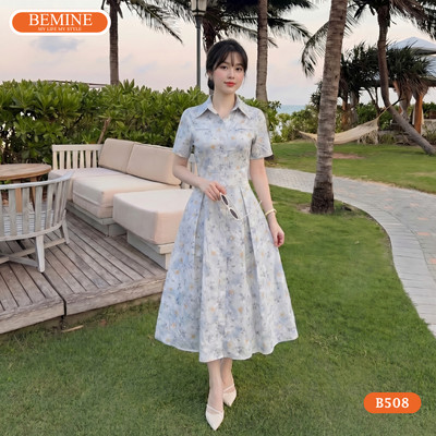 Đầm thiết kế BEMINE cổ sơ mi in hoa dáng dài phù hợp đi làm, đi chơi-B508