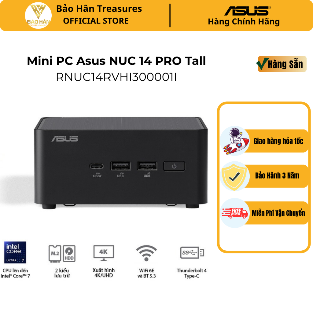 Máy bộ mini PC ASUS NUC 14 PRO Tall | i3 100U (RNUC14RVHI300001I) (Core 3 100U, Intel Graphics)