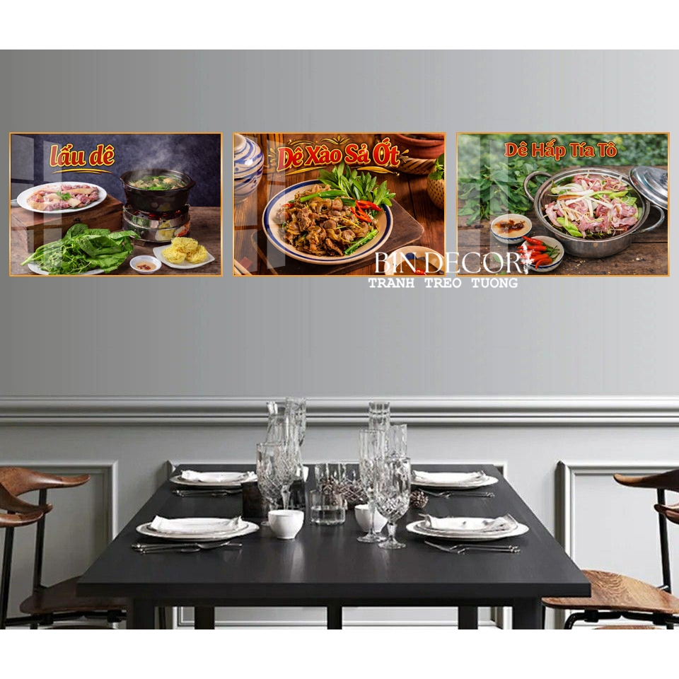 Tranh treo tường món dê lẩu dê, dê xào sả ớt, dê hấp tía tô trang trí decor quán nhà hàng