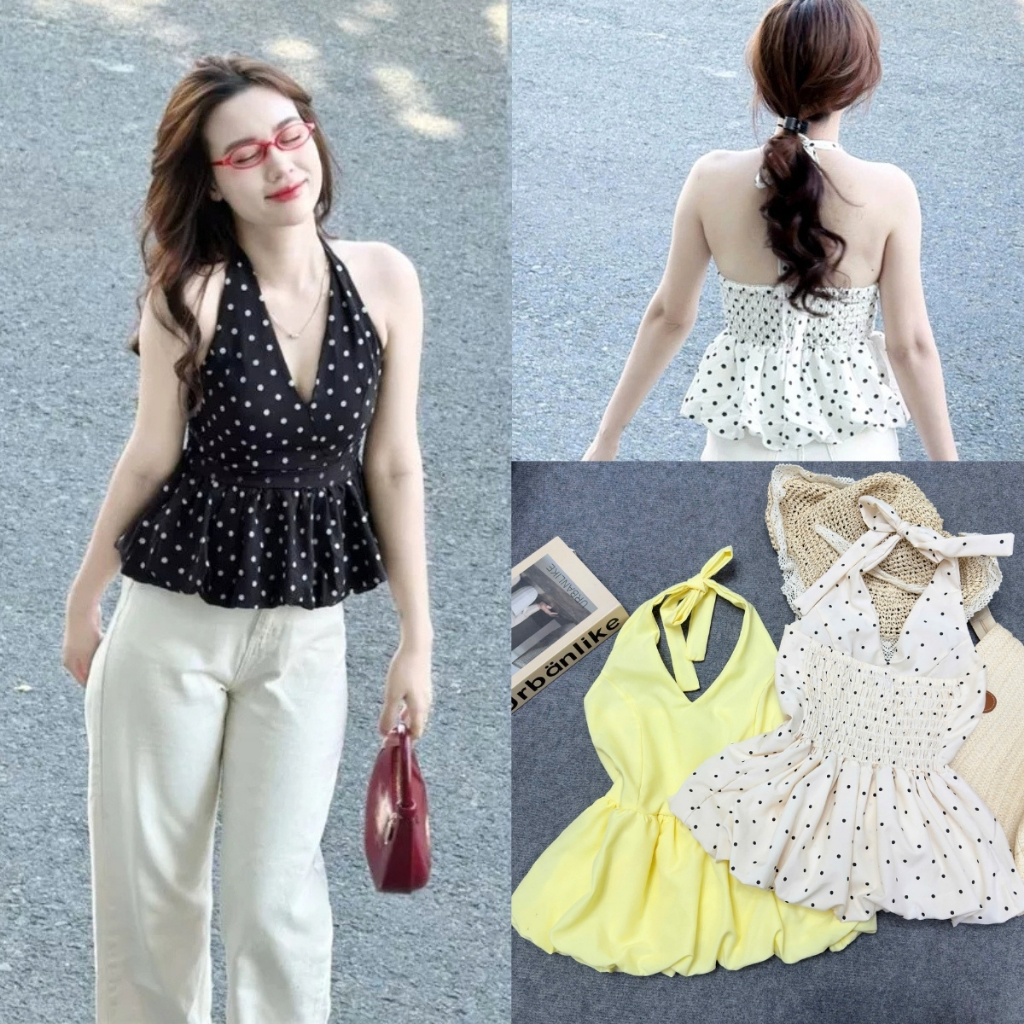 Áo Yếm Bigsize Nữ Nhún Chun Lưng Họa Tiết Chấm Bi Dễ Thương Form Peplum Tôn Dáng (55-90kg) A193 | BigBuy360 - bigbuy360.vn