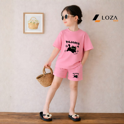 Bộ đồ bé gái in hình mèo đen TGJGOIS - Set đồ cộc trẻ em nữ chất liệu thun cotton size từ 15-40kg Kids SB652