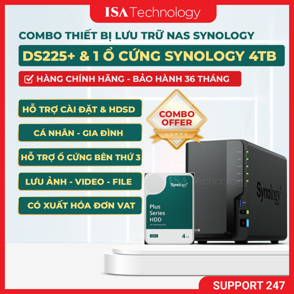NAS Synology DS225+ và Ổ cứng HDD HAT3300 4TB thiết bị lưu trữ mạng 2 bay ổ cứng mới nhất năm 2025