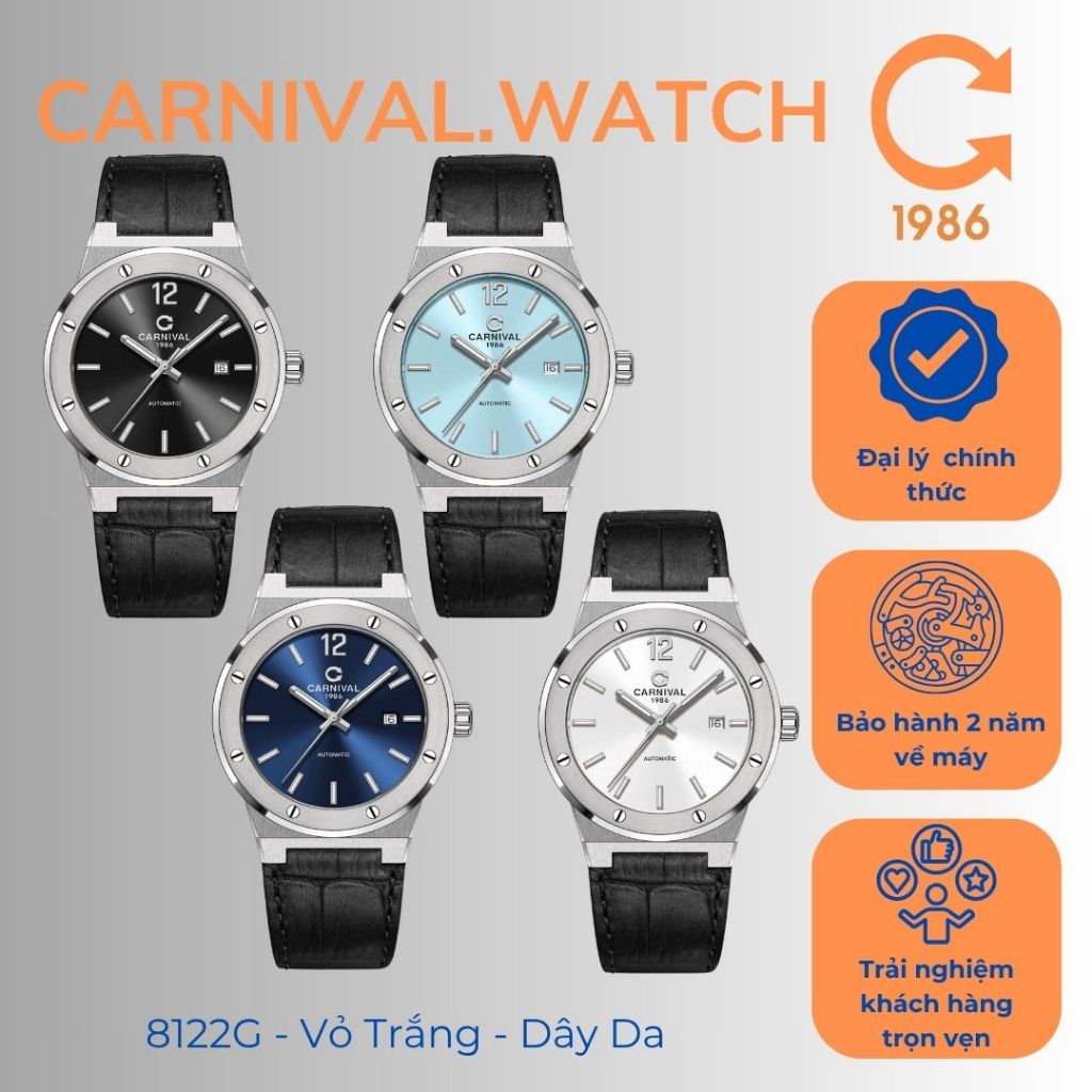 Đồng Hồ Nam Carnival 8122G Size 41mm Máy Cơ Tự Động Vỏ Trắng Dây Da – Kính Sapphire, Sang Trọng