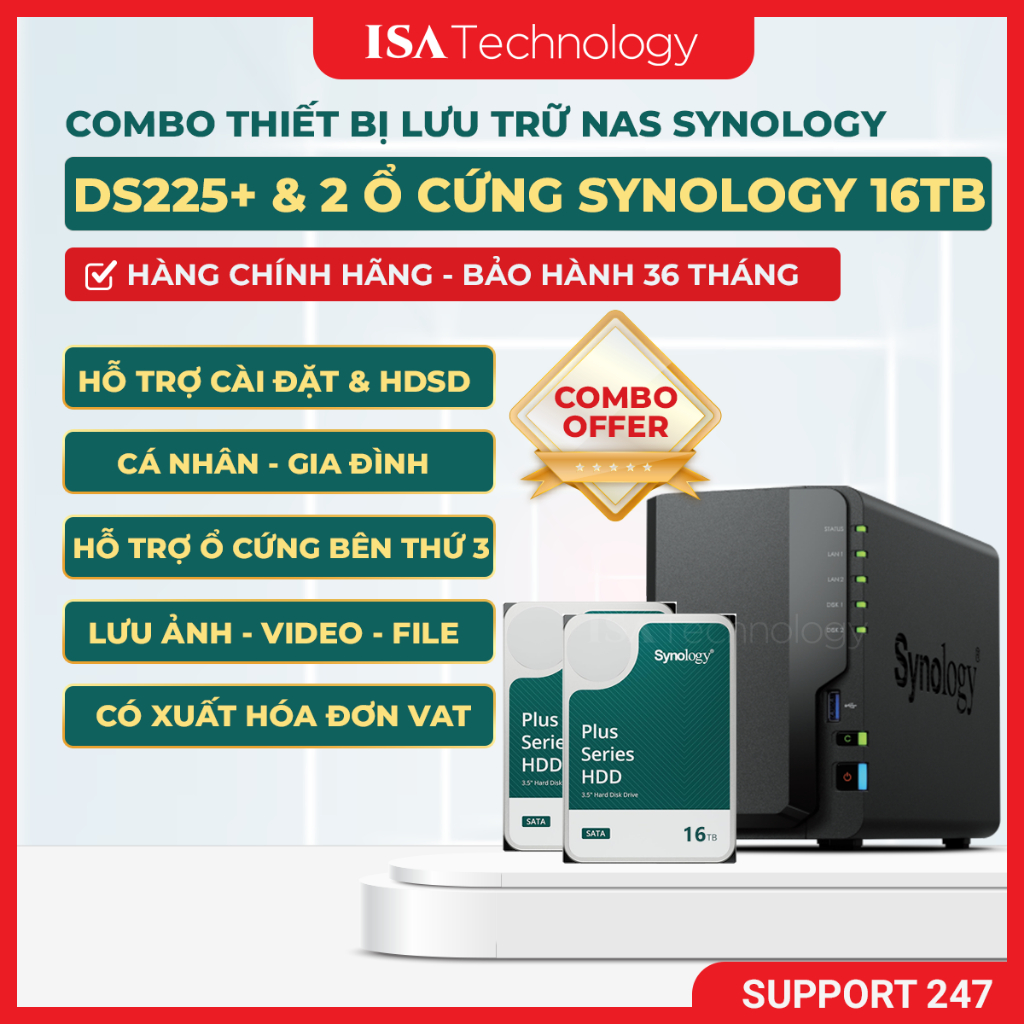 NAS Synology DS225+ kèm 2 ổ cứng HAT 3310 16T Thiết bị lưu trữ mạng 2 bay ổ cứng chính hãng