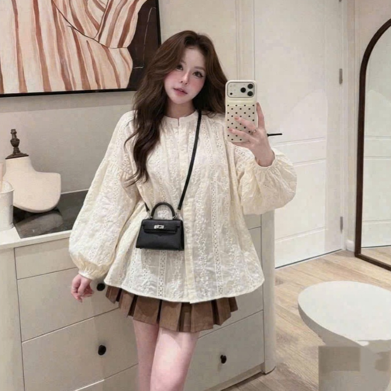Set váy ngắn - Set váy đáng iu, dễ thương cho nàng hẹn hò, set áo xô thêu cổ tròn cài cúc tay dài ph