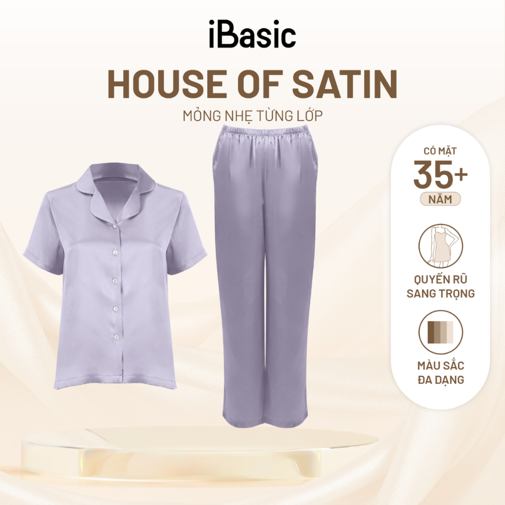 Đồ bộ mặc nhà nữ iBasic lụa satin áo tay ngắn quần dài HOMW070