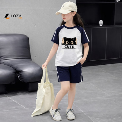 Đồ bộ bé gái phối viền Mèo cute - Quần áo cho bé chất liệu thun cotton - Loza BF653
