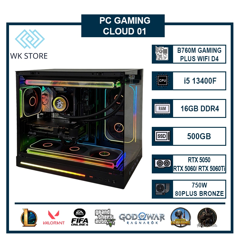 Thùng PC Cloud 01 | I5 13400F, Ram 16GB DDR4, SSD 500GB, VGA RTX 5050/ 5060/ 5060 Ti, Mới BH 36T