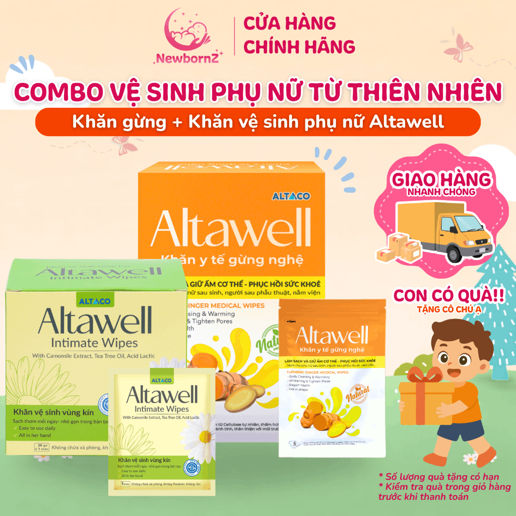 Combo khăn y tế gừng nghệ Altawell và khăn vệ sinh vùng kín Altawell - Dành Cho PN Trước và Sau Sinh