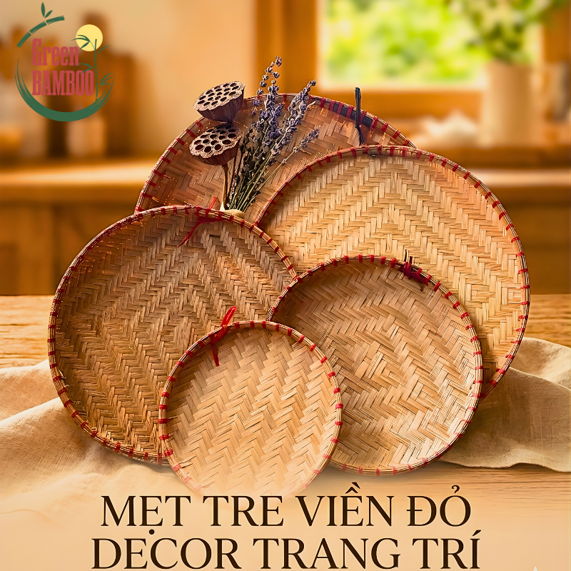 Mẹt Tre Viền Đỏ Trang Trí Trung Thu Tết, Mẹt Tre Decor Chụp Ảnh, Bày Mâm Cỗ, Đủ Size 20–40cm Giá Xưởng