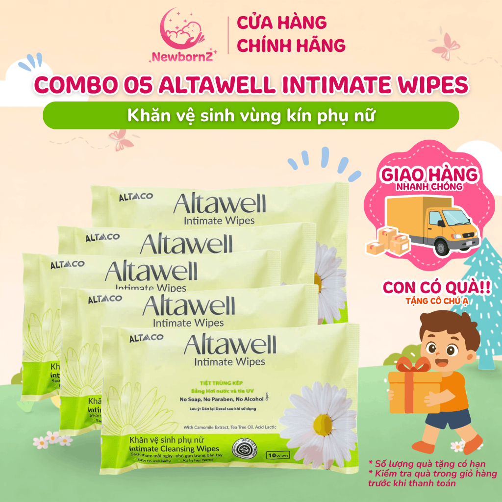 Combo 5 Gói Khăn vệ sinh Phụ Nữ Altawell Initimate Wipes Gói 10 Khăn -Sạch thơm, khô thoáng, dễ chịu
