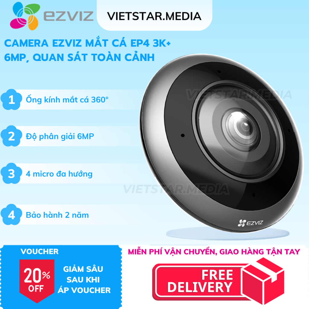 Camera mắt cá Ezviz E4P 3K+ 6MP, góc nhìn 360° toàn cảnh không góc chết, 4 micro đa chiều, bảo hành 