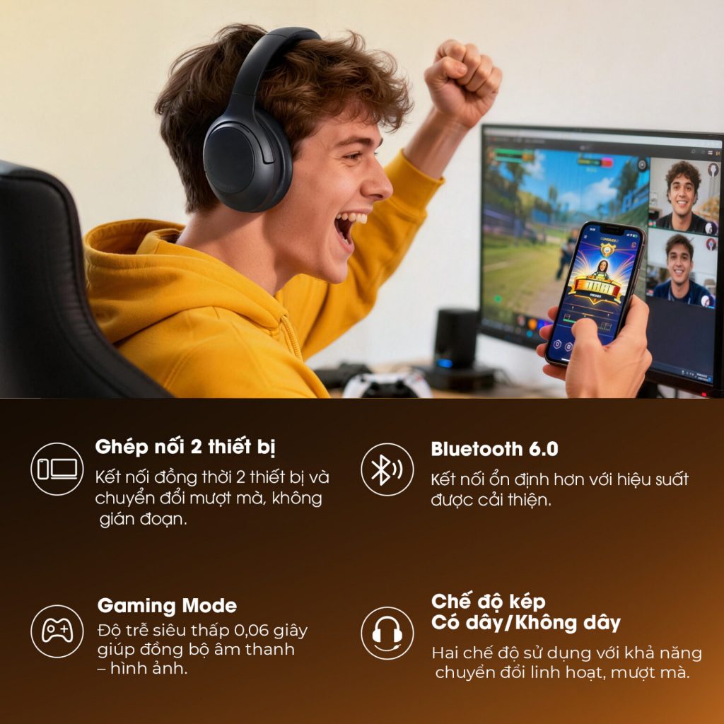 Tai Nghe Chụp Tai Bluetooth SoundPEATS Cove Pro HiresAudio | 7 Mic AI ENC | ANC 56dB | Bluetooth 6.0 | BigBuy360 - bigbuy360.vn