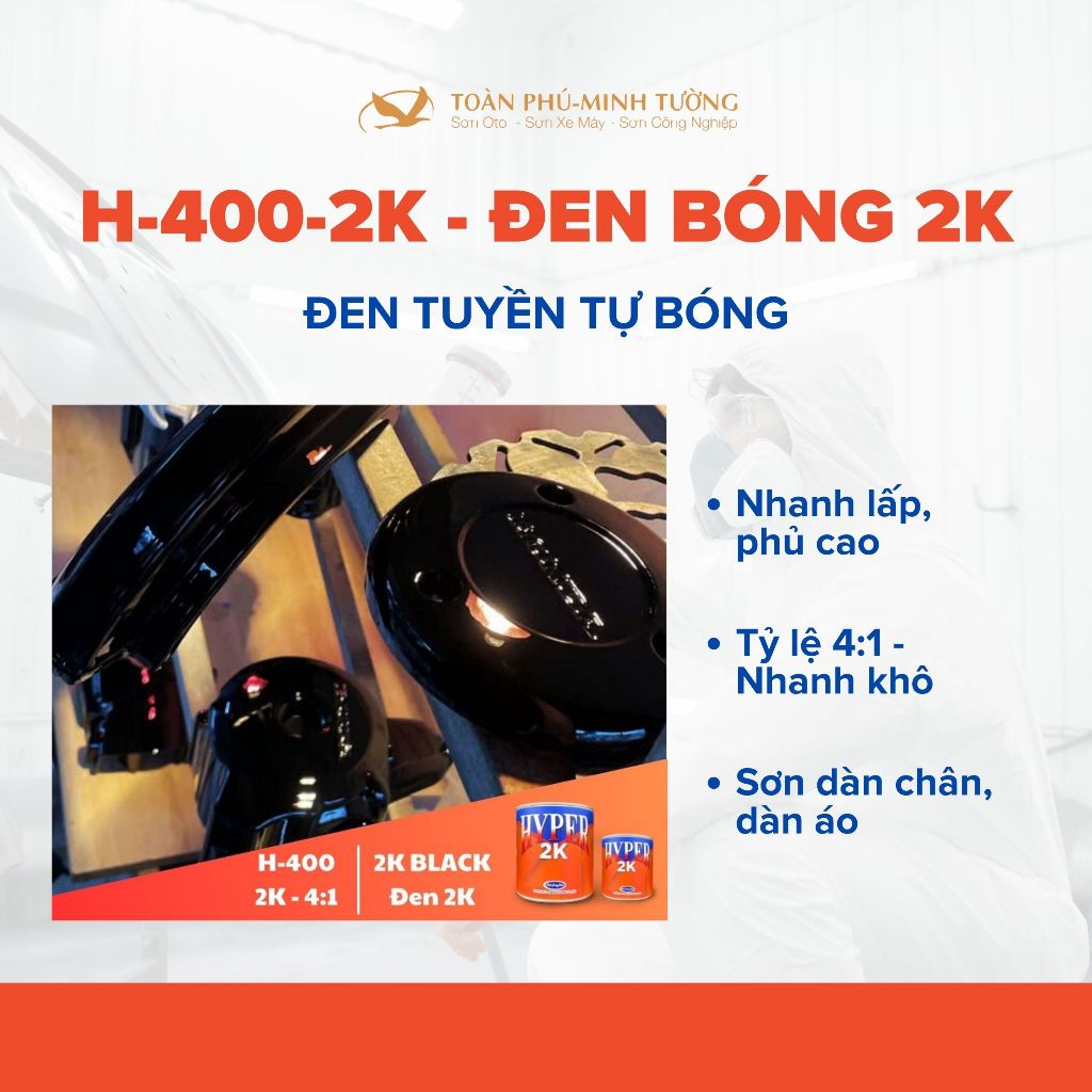 |Đen 2K| Sơn xe máy HYPER 2K Đen tự bóng - (Code: H-400-2K) - 1.25 Lít