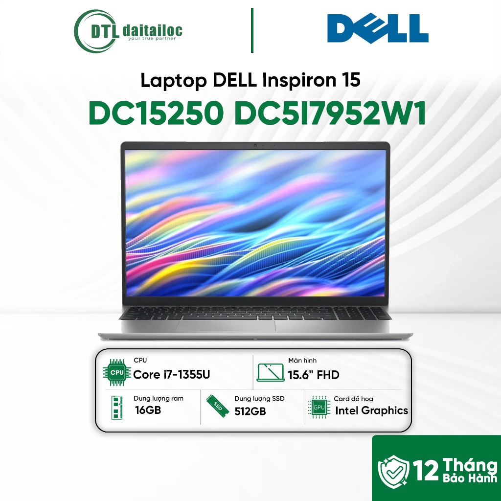 Laptop DELL Inspiron 15 DC15250 DC5I7952W1 Core i7-1355U 16GB 512GB SSD 15.6" FHD WIN11 Bạc Office 2