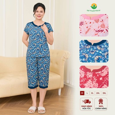 Đồ bộ lanh trung niên mùa hè quần lửng, áo cộc tay cổ phối họa tiết thời trang Việt Thắng  B06.6014