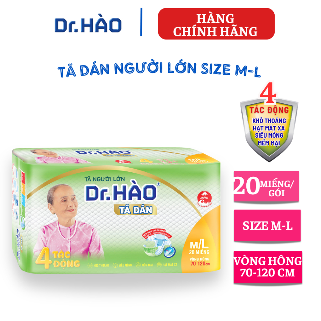 Tã Dán Người Lớn Dr.Hào Size M/L 20 Miếng Bỉm Dán Người Già (Vòng Hông 70-120cm)