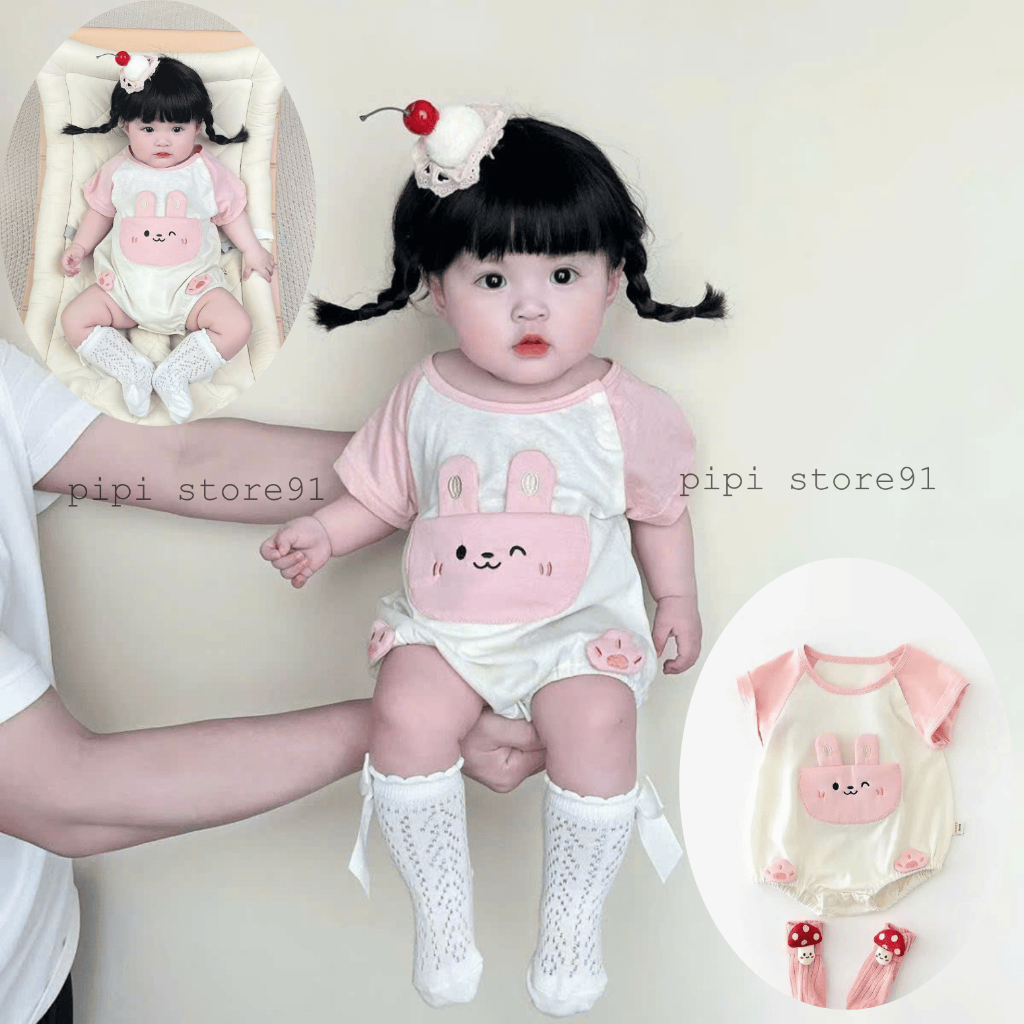 Bodysuit, Body Liền ThânThỏ Hồng Cho Bé Gái, Áo Liền Quần Chấy Cottn Mát Mẻ