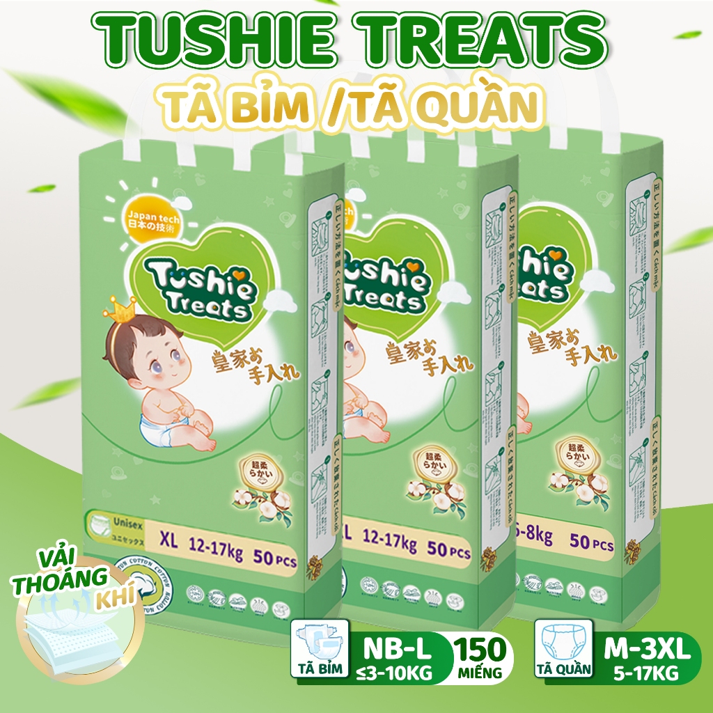 【150 miếng】Tushie Treats Tả Dán/Quần 150 Miếng, siêu mỏng ,chống tràn,thấm hút khô thoáng,Bỉm Dán Th