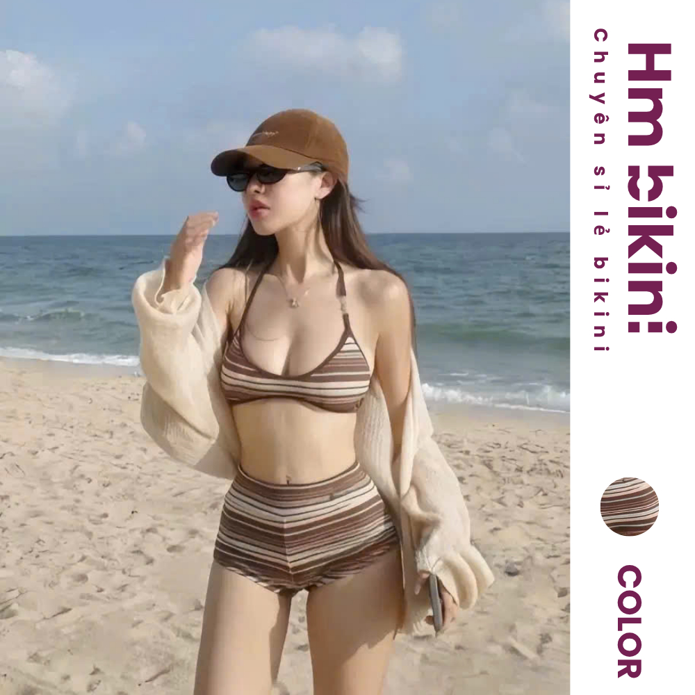 HỎA TỐC HCM] Set Bikini 2 Mảnh Sọc Ngang Retro Màu Nâu Quần short Cạp Cao Tôn Dáng Đi Biển | BigBuy360 - bigbuy360.vn