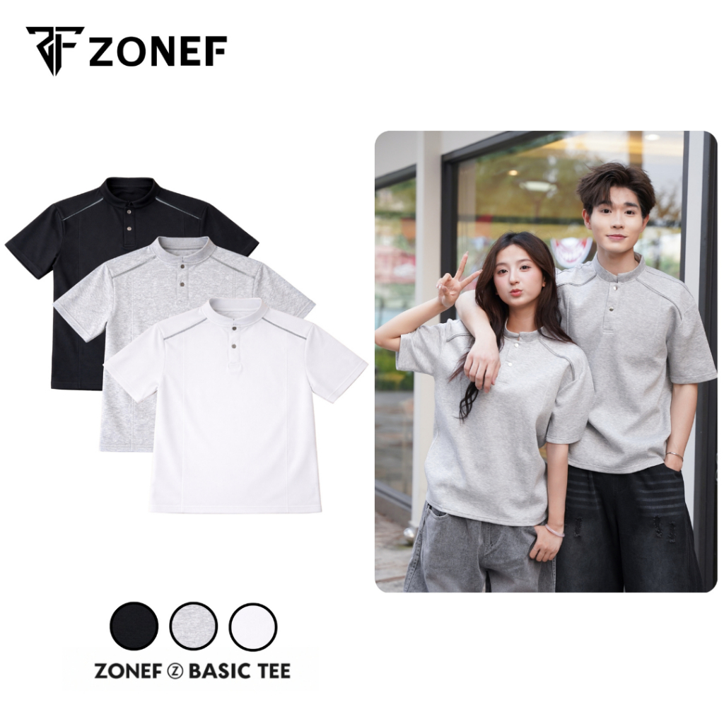 Áo Thun Cổ Tàu Phối Khoá Vai Form Oversize By ZONEF STUDIO, Áo Thun Nam Nữ Chất Vải Cotton Hàn Mềm M
