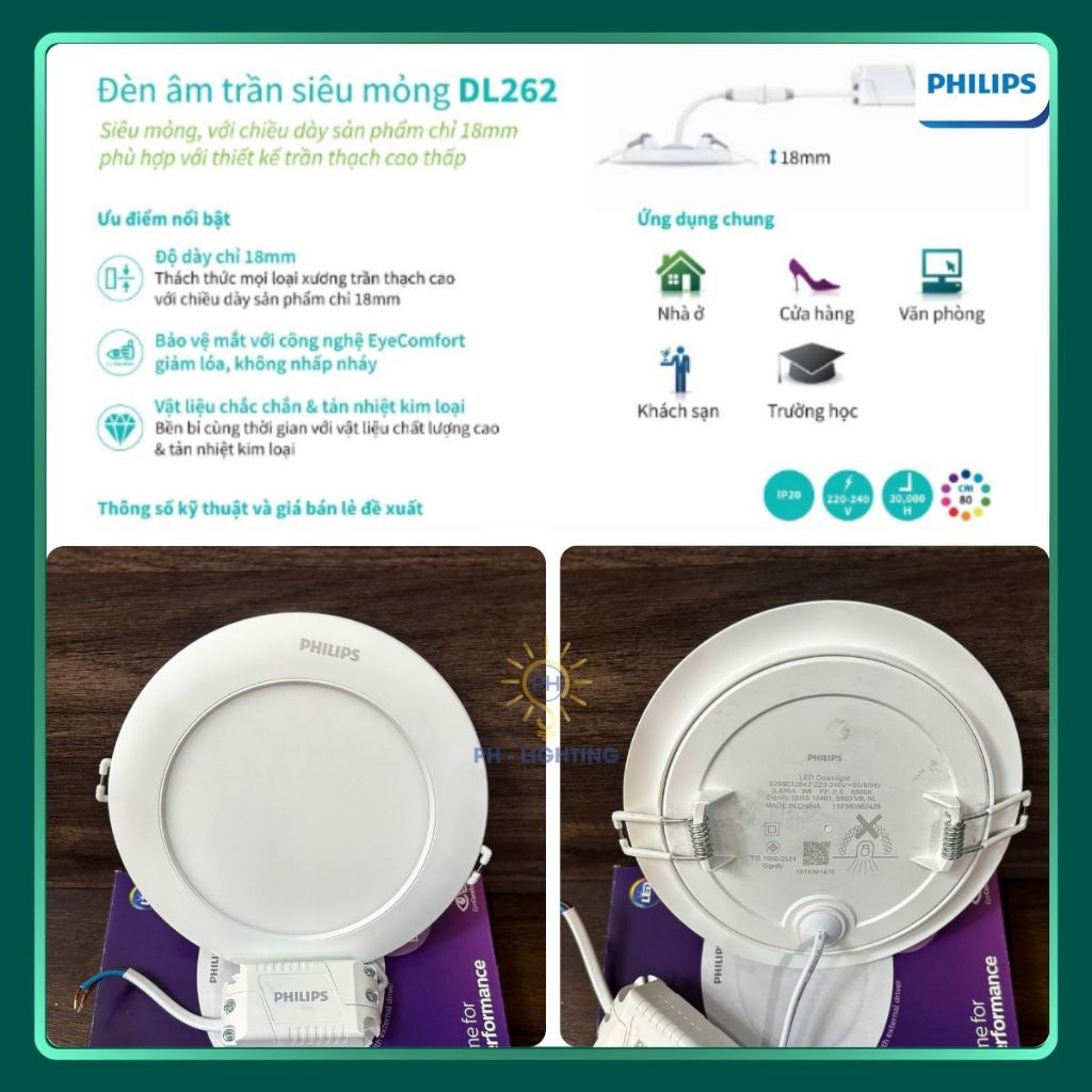 ĐÈN LED ÂM TRẦN CHÍNH HÃNG PHILIPS SIÊU MỎNG DL262 CÔNG SUẤT 9W / 12W