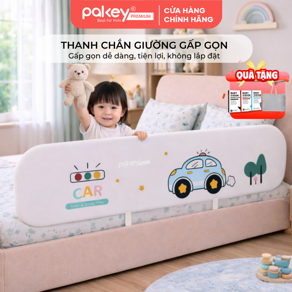 Thanh Chắn Giường Cho Bé Gấp Gọn PAKEY Cao Cấp, Thanh Chặn Giường Họa Tiết Xinh Xắn Đáng Yêu