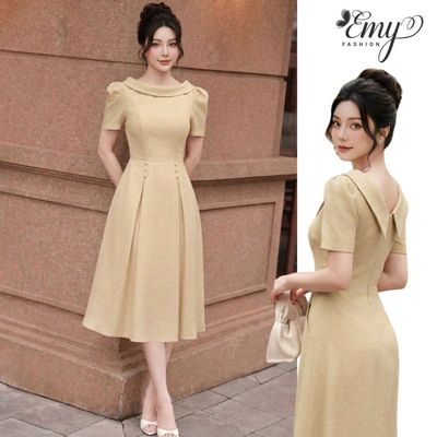 Đầm Dự Tiệc Thiết Kế EMY Thời Trang Nữ Cao Cấp EX4103 Chất Đũi Vân Màu Be Sang Chảnh Đi Tiệc