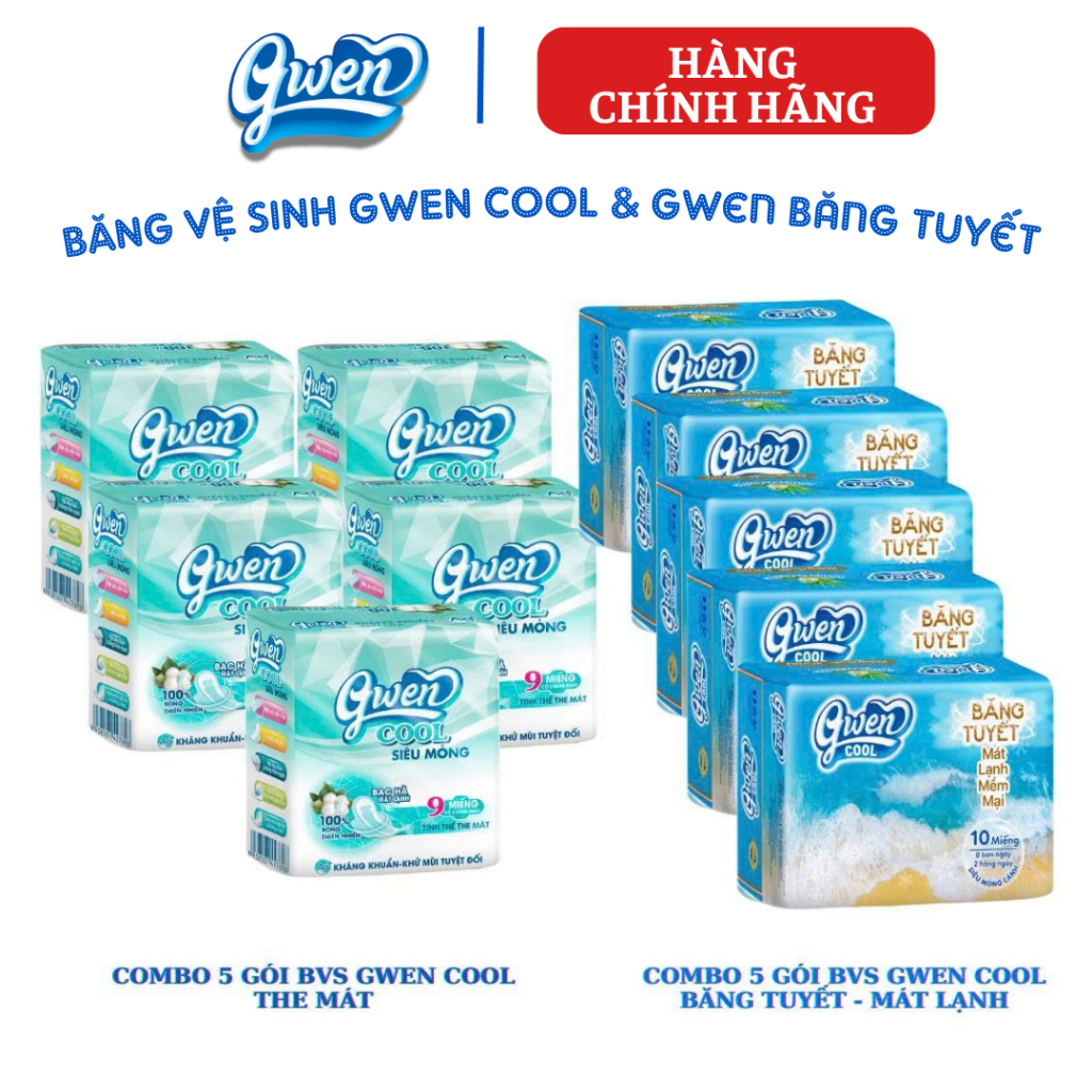 Băng Vệ Sinh GWEN COOl/BĂNG TUYẾT Mặt Vải Có Bạc Hà Mát Lạnh(Combo 5 Gói )