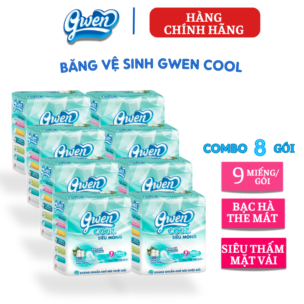 Băng Vệ Sinh Gwen Cool 9 Miếng Mặt Vải Siêu Mềm, Bạc Hà Mát Lạnh(Combo 8 Gói)